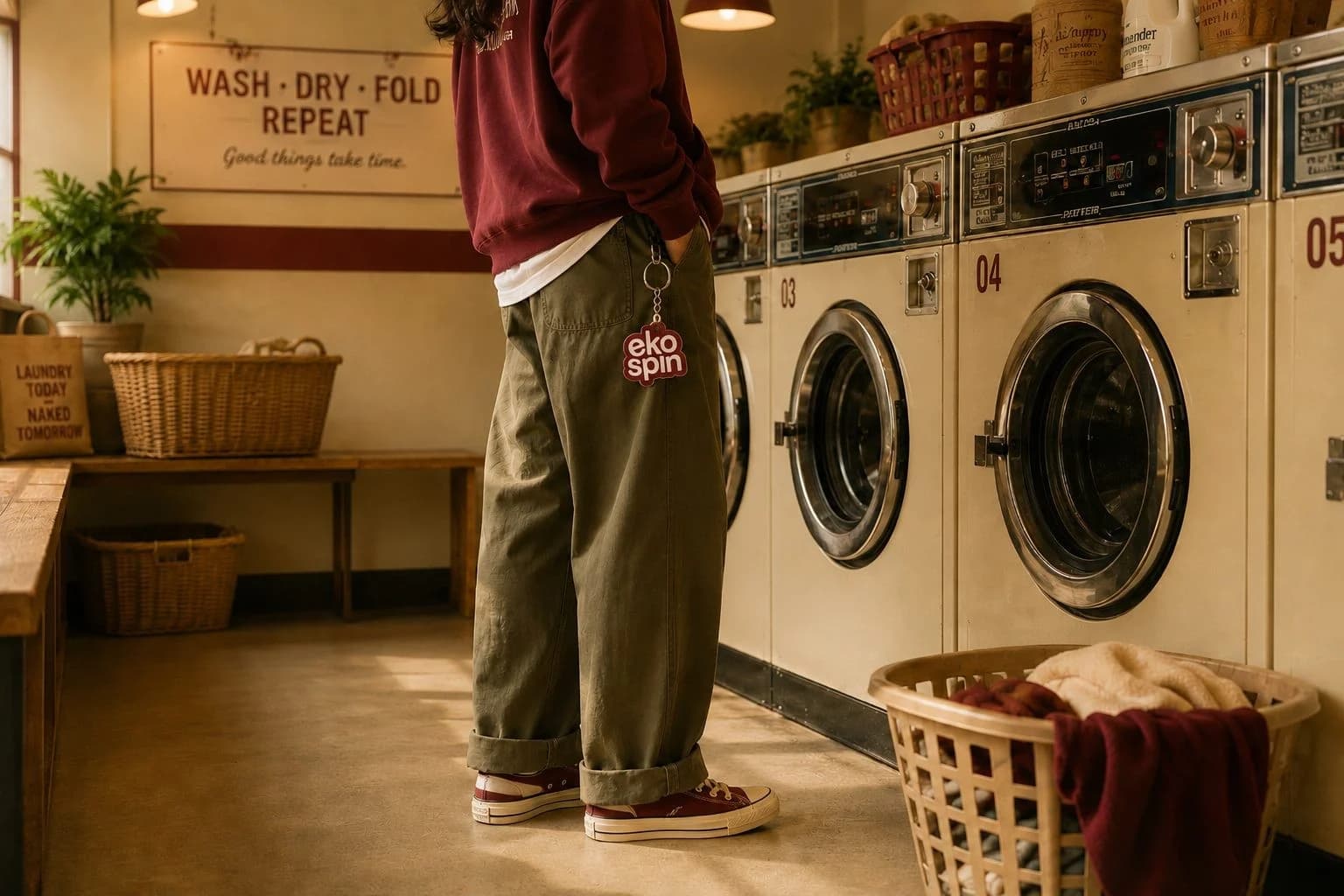 In the room: a customer loading a machine