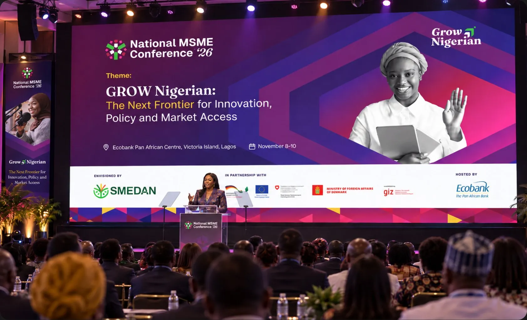 The 2026 stage screen behind a speaker: GROW Nigerian, The Next Frontier