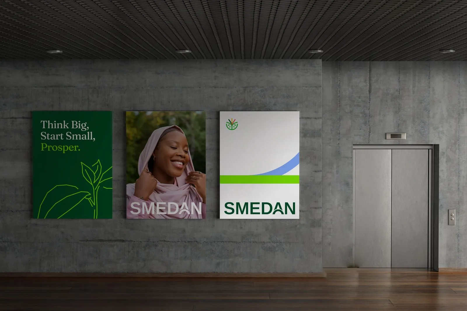 SMEDAN posters in a lobby: Think Big. Start Small. Prosper.