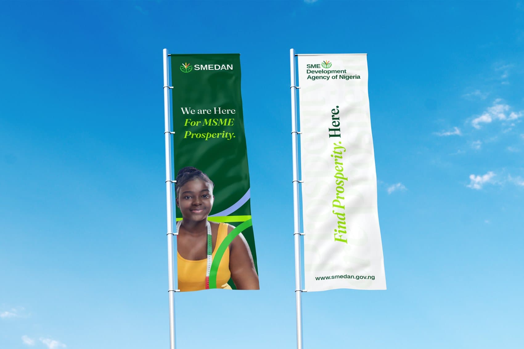 SMEDAN flags: “We are Here for MSME Prosperity” and “Find Prosperity. Here.”