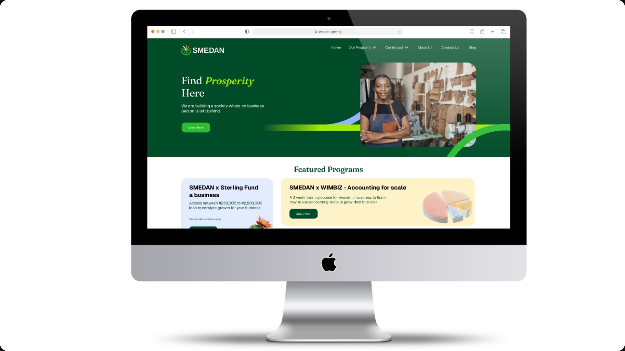 The new smedan.gov.ng homepage, Find Prosperity Here, on an iMac