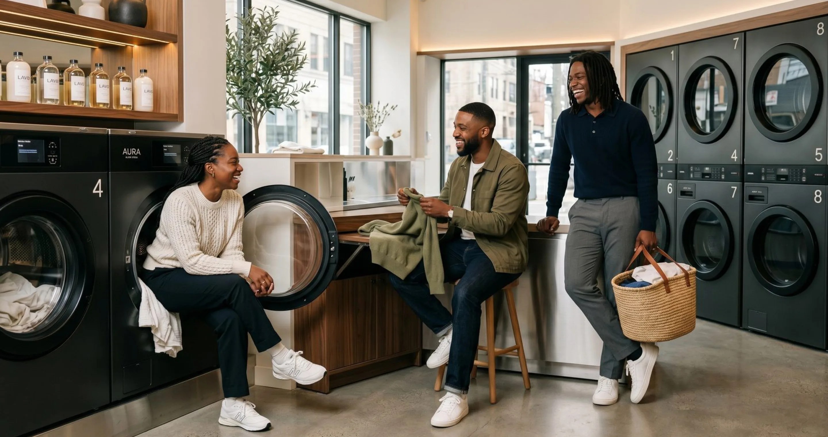 Inside Eko Spin: friends talking and laughing by the washing machines, one holding a basket of laundry