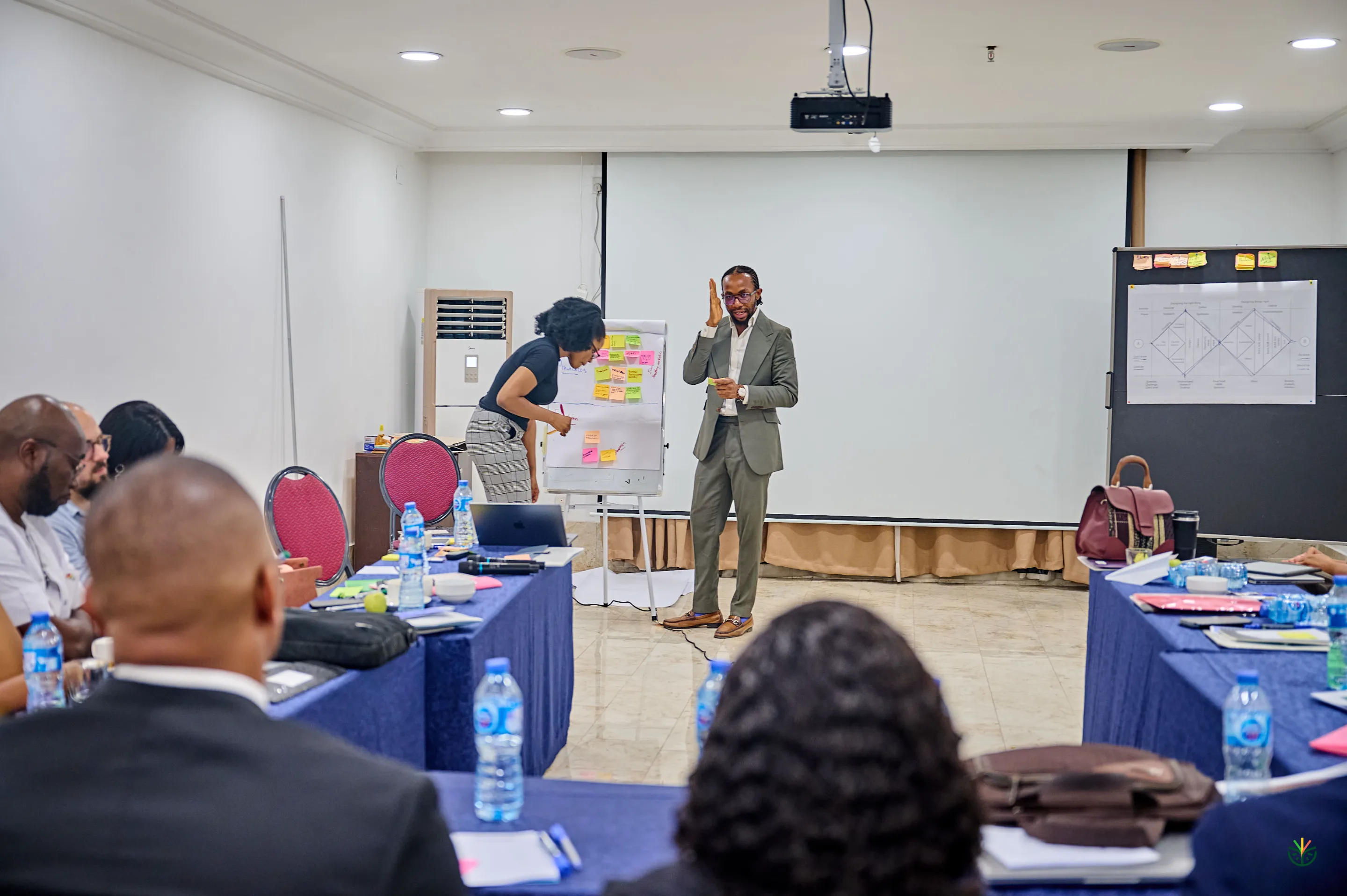 David facilitating the ICSS workshop, the Double Diamond and sticky notes on the board behind him