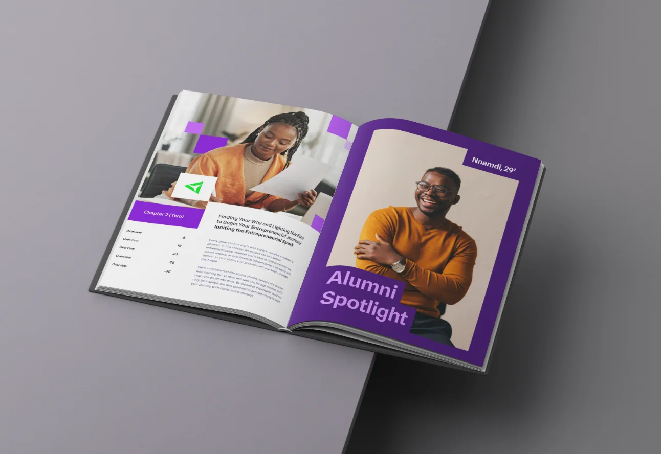 The Alumni Spotlight book, open on a founder’s story
