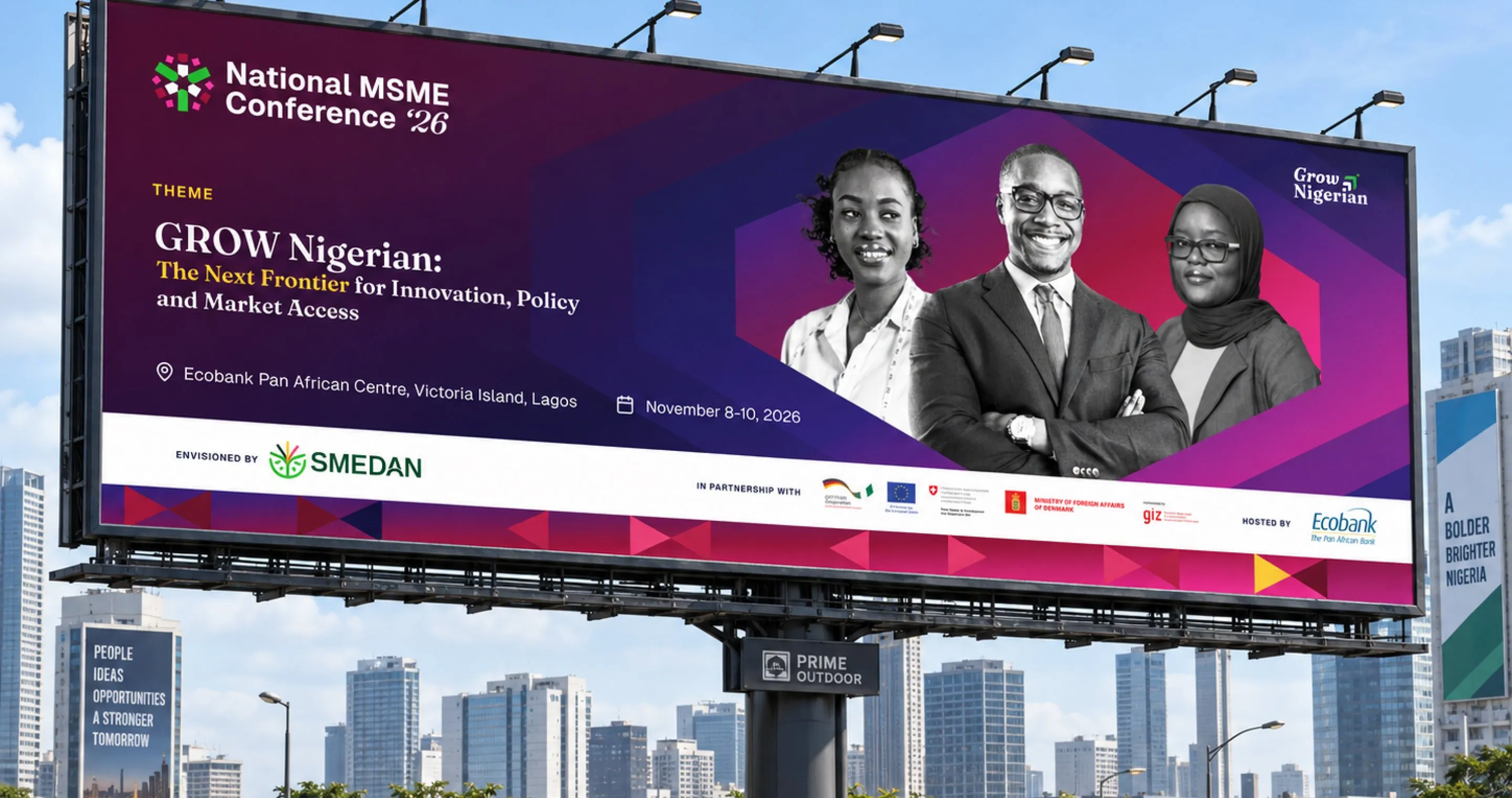 A Lagos billboard for the National MSME Conference ’26: GROW Nigerian, The Next Frontier for Innovation, Policy and Market Access